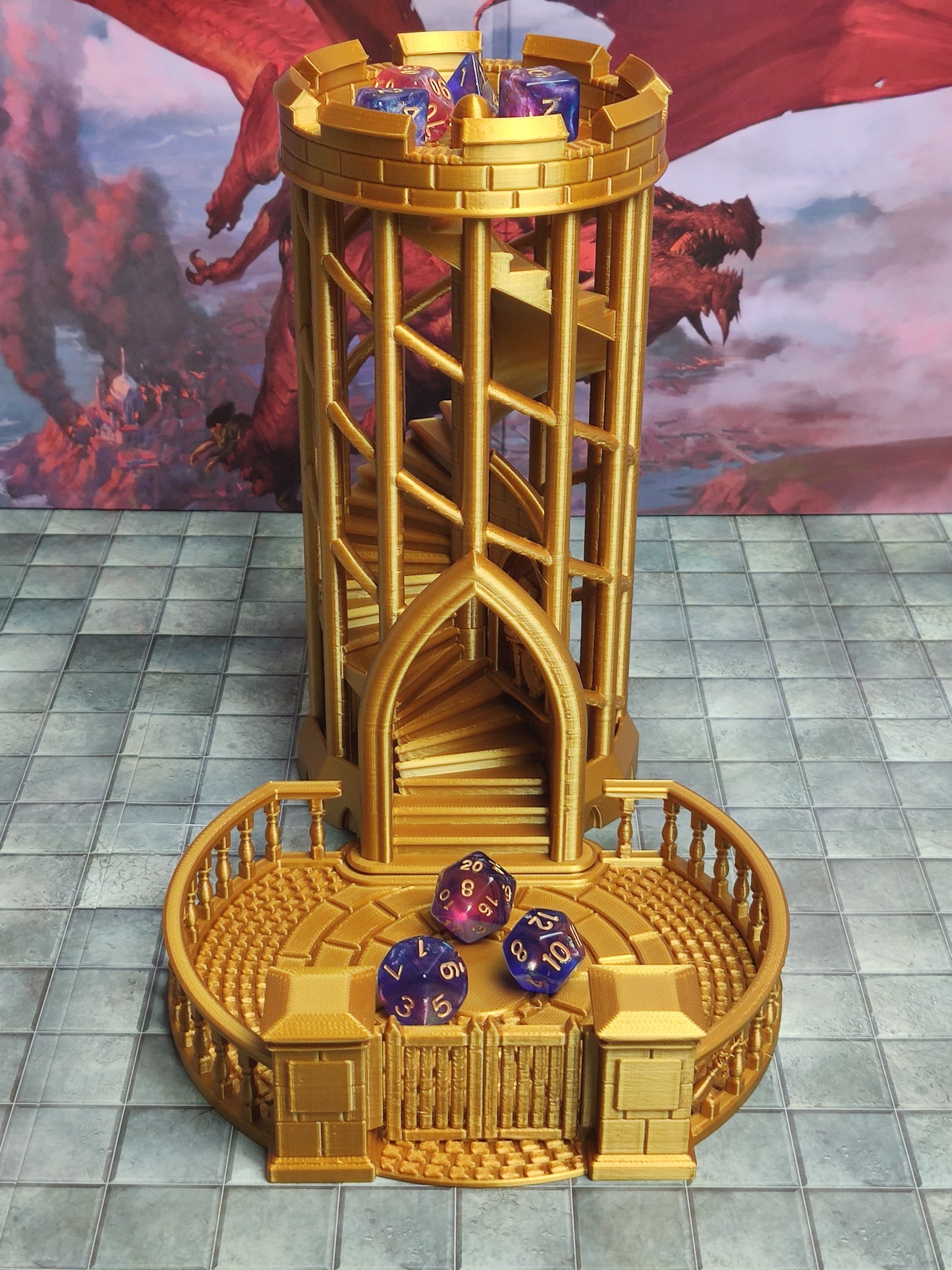 Elegant Spiral Dice Tower with Courtyard Landing For Dungeons and Dragons D&D