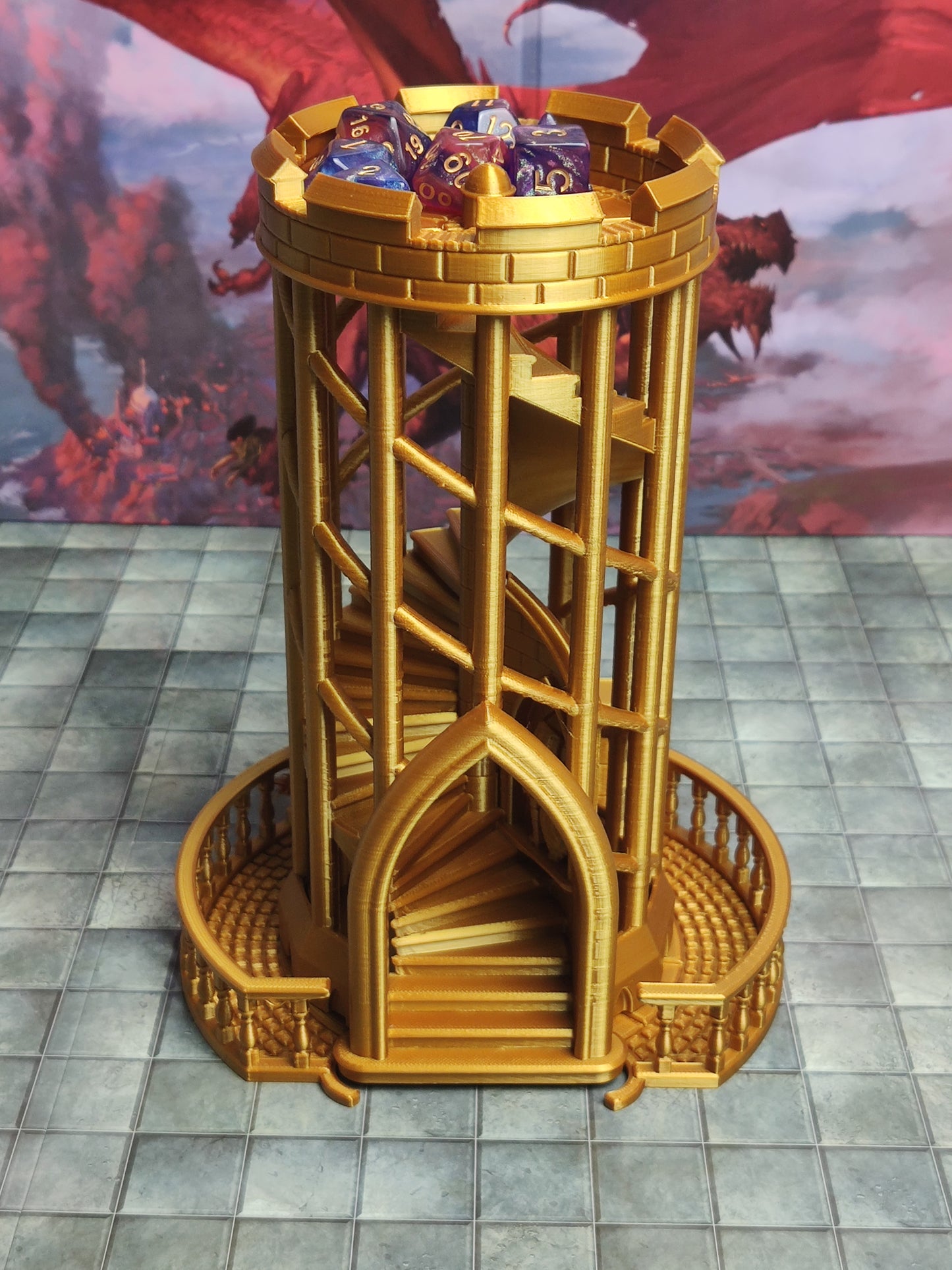 Elegant Spiral Dice Tower with Courtyard Landing For Dungeons and Dragons D&D